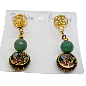 CHINESE Jade Jadeite Cloisonne "Blessing" Dangle Post Gold Tone Earrings Vintage